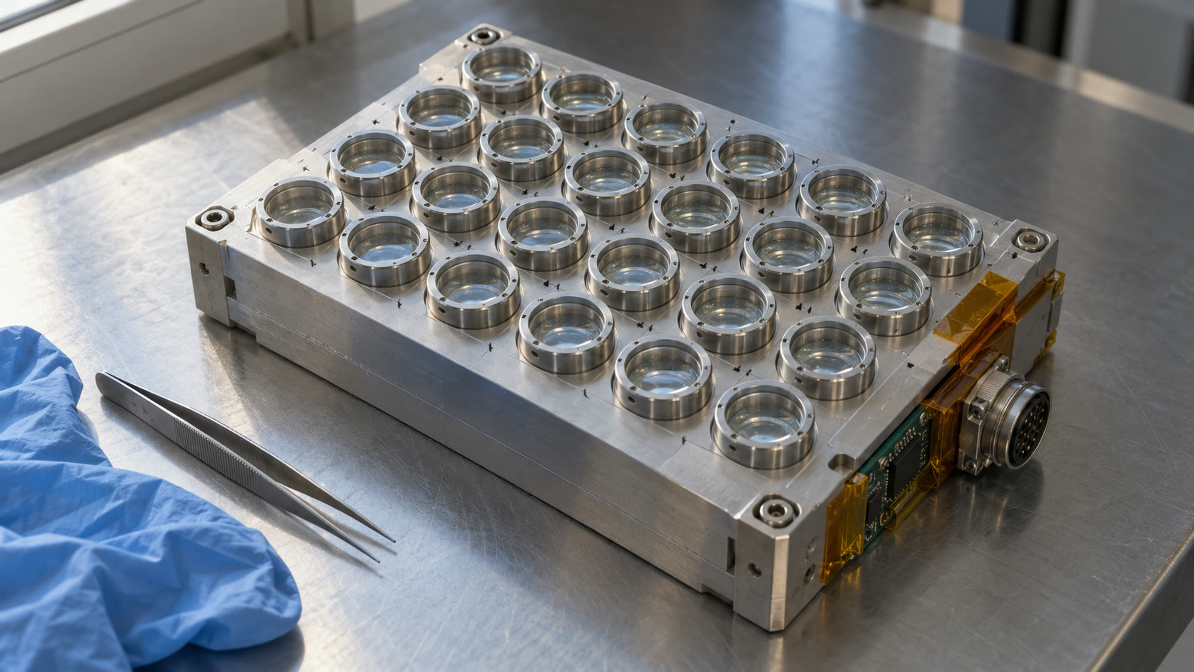 The aluminium cassette on a steel bench: a grid of 24 sealed wells with clear windows, gold tape along one edge.