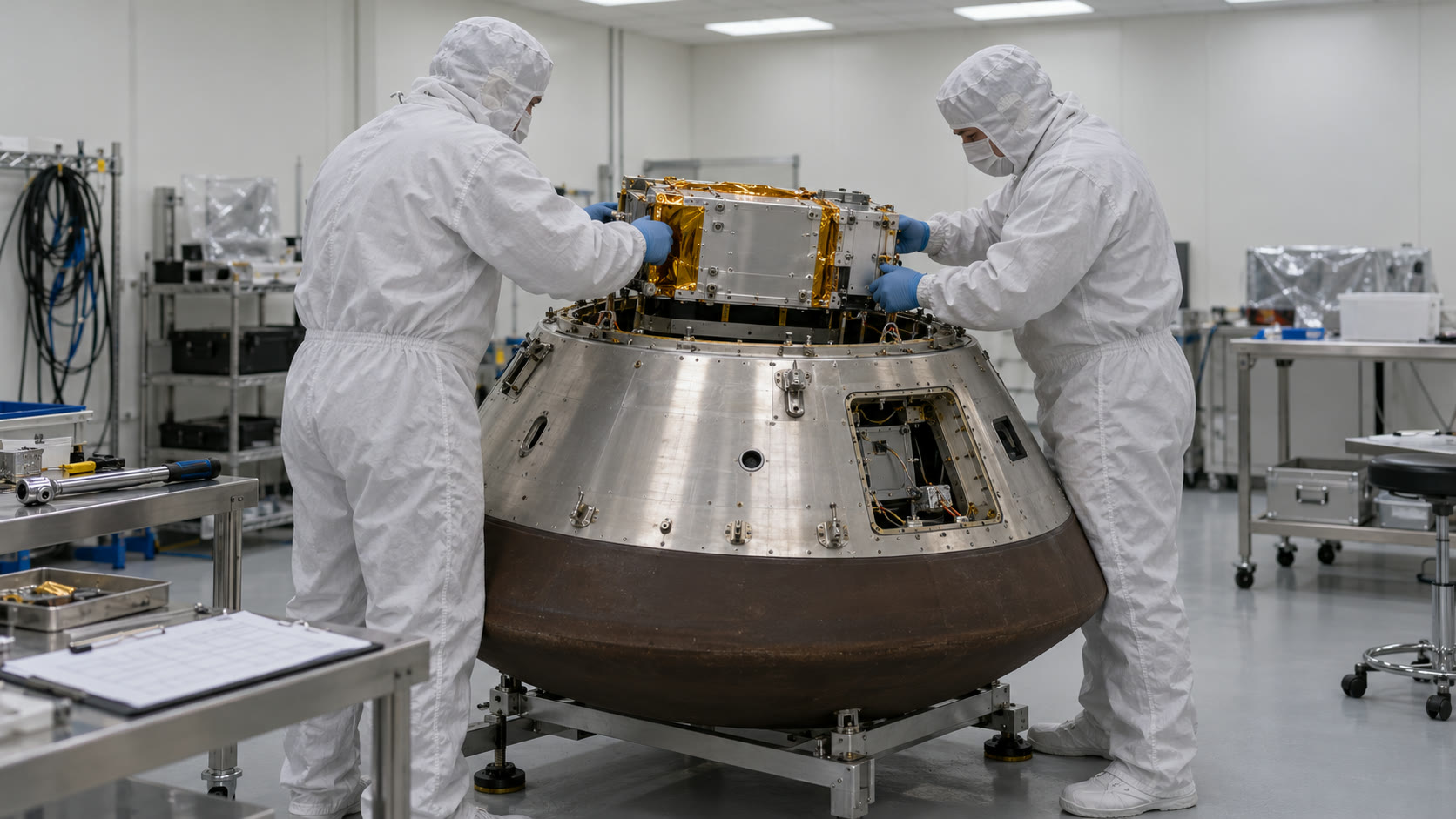 Two technicians in white cleanroom suits lower an aluminium cassette into the open top of the capsule.