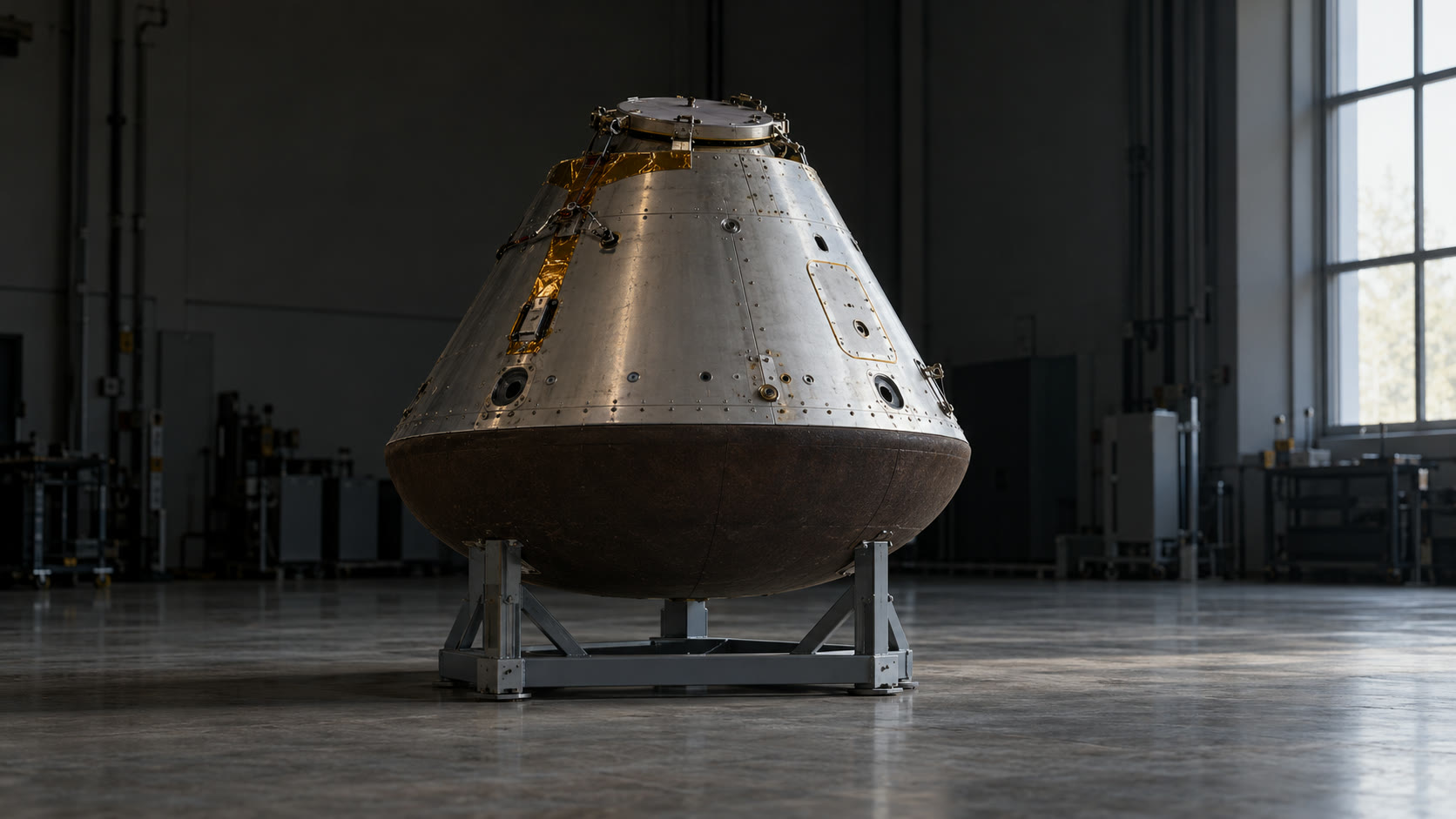 The capsule before flight on a steel stand in a dim workshop, lit by one tall window.