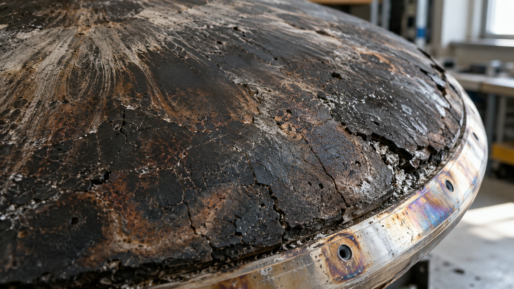 Close-up of a charred heat shield after flight: black cracked crust, streaks running outward, salt caught in the cracks, heat-tinted metal at the rim.