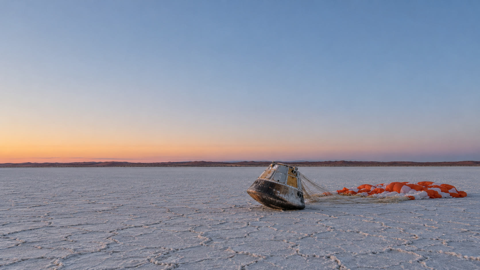 A scorched capsule sitting on the white crust of a salt lake at dawn, its orange and white parachute collapsed behind it.