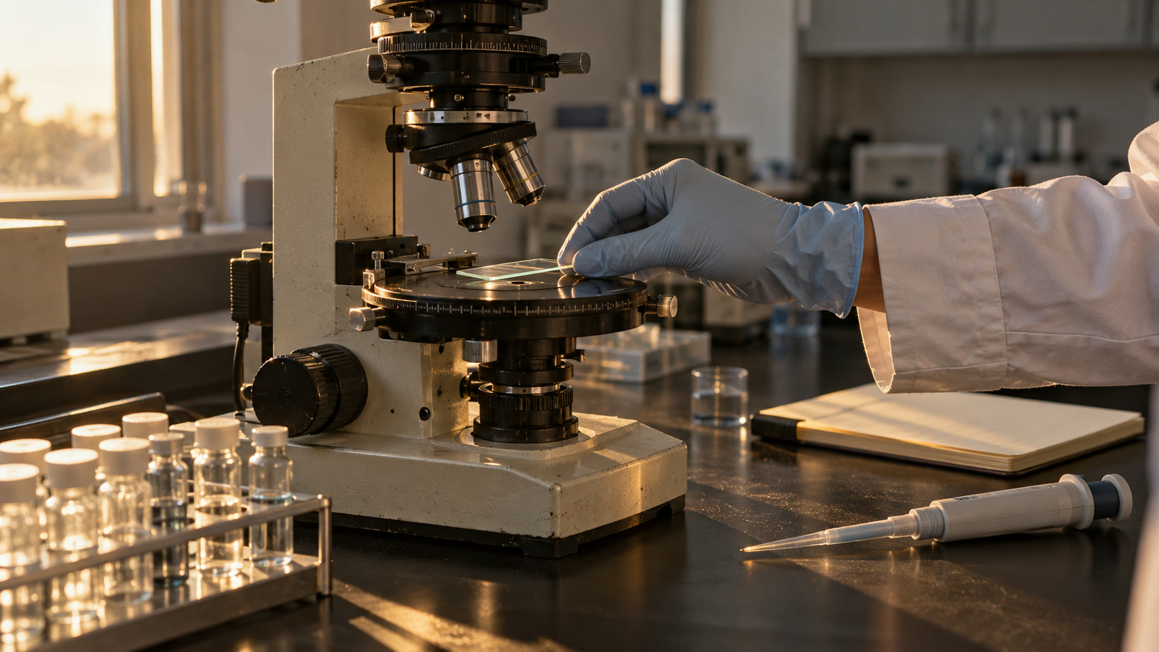 A gloved hand places a slide on the rotating stage of a polarizing microscope in late afternoon light.