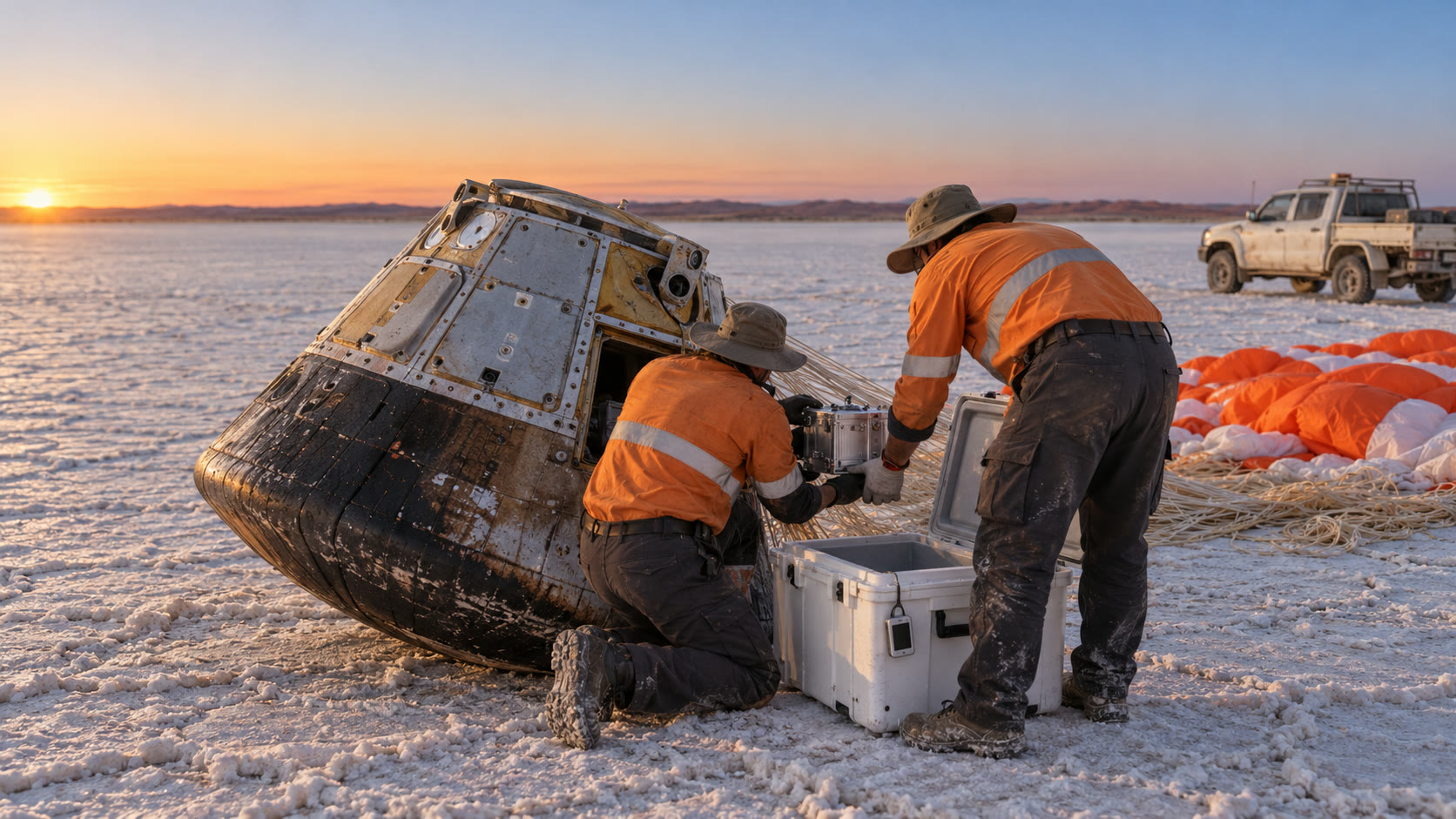 Two recovery crew in orange hi-vis lift the cassette out of the capsule into a white insulated case on the salt.