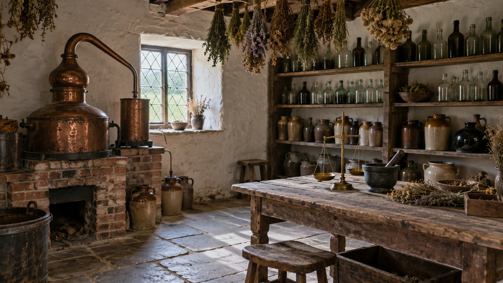An old stillroom: a copper still on a brick hearth, shelves of glass bottles, dried herbs hanging from a beam, daylight from a small leaded window.